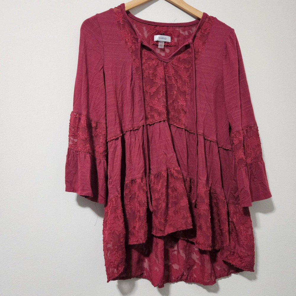 Cupio Burgundy Lace Tiered Babydoll Tunic Top Bell Sleeve Boho Wine Red Medium